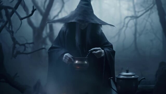 An old witch stirring a cauldron of mysterious brew surrounded by dark and gloomy Fantasy art concept. .