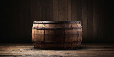Wood barrel, Barrel background and aged wooden table, A wooden barrel with metal straps on a wooden background. 