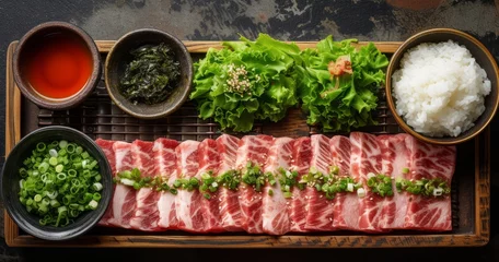 Foto op Plexiglas yakiniku with rice and soup and  salad on a wooden tray © Winter KD