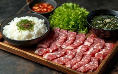 yakiniku with rice and soup and  salad on a wooden tray