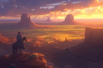 cowboy in the fields at sunset