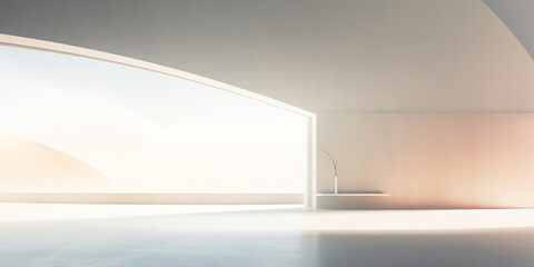 In the minimalist white room, sunlight stretches long across the space, accentuating its off-white tones, while a large opening to the outdoors offers a captivating view.