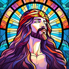 colorful stained glass image of Jesus Christ raising his head to God