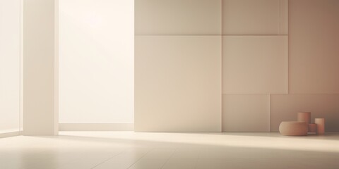 In the expansive all-white empty minimalist room, a dream-like lighting permeates the space, casting a serene ambiance that elongates into long stretches of sunlit tranquility.