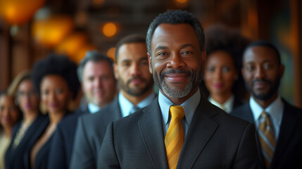Fototapeta premium Smiling mature businessman sitting with colleagues in an office, multicultural, multiracial, multigenerational