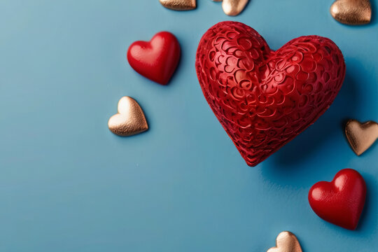 Heartfelt Valentine's Day. Red heart on blue background with copy space. Perfect for romantic messages. 