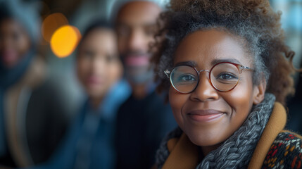 Fototapeta premium Smiling businesswoman sitting with colleagues in an office, multicultural, multiracial, multigenerational