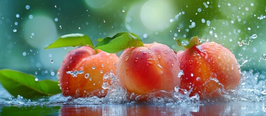 Three peaches, a fruit, gracefully dancing in the water, create a picturesque scene on a table, showcasing nature's bounty.