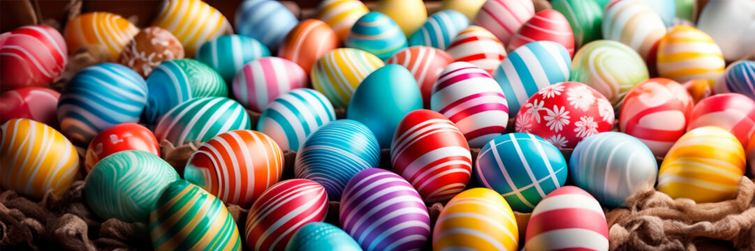 Colorful Easter eggs background. Many decorated Easter eggs as background, top view. Festive tradition