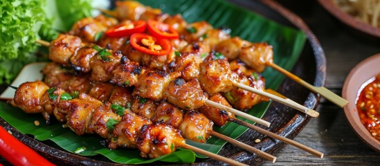 A delicious recipe featuring food on a table: chicken skewers cooked with shish taouk, brochette, or arrosticini on a banana leaf.