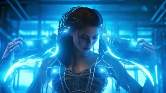 A person in a futuristic bodysuit with exposed wires ports and cables with flowing wires that systemically powers a robotic cyberpunk art