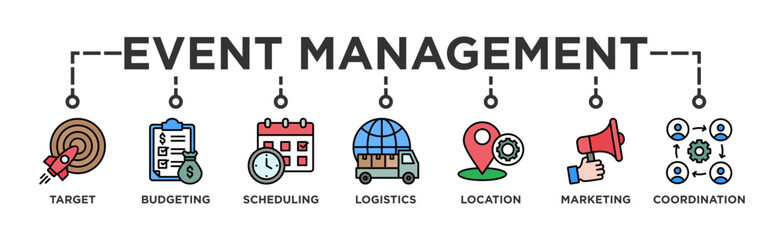 Event management banner web icon vector illustration concept with icon of target, budgeting, scheduling, logistics, location, marketing, and coordination