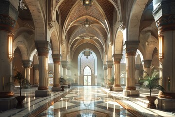 Beautiful Islamic style mosque interior. The mosque is decorated with Islamic patterns.