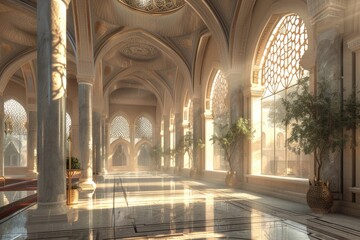 Beautiful Islamic style mosque interior. The mosque is decorated with Islamic patterns.