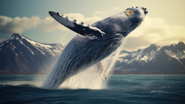Slow motion close up humpback whale jumping over the sea, Generative Ai