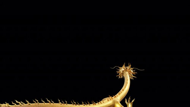 3D animation Golden Chinese dragon slithering in the air to a smart pose at the end includes alpha matte.