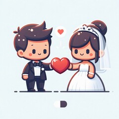 ウエディングイラスト、ハートを持った新郎新婦