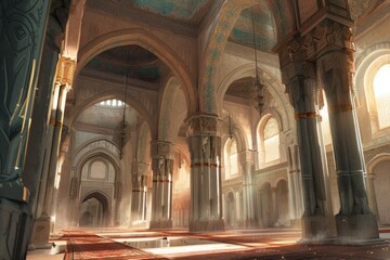 Beautiful Islamic style mosque interior. The mosque is decorated with Islamic patterns.