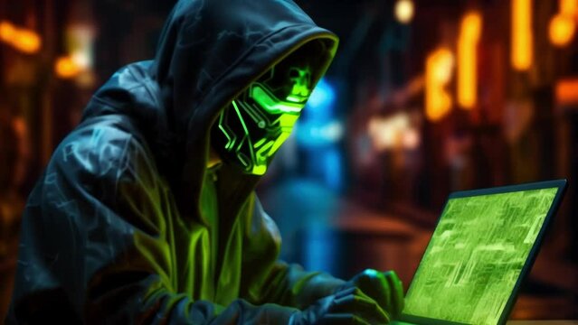 A person in a neongreen cyberpunk suit holding a futuristic computer with multicolored LED lights while graffiti of a cyberpunk art