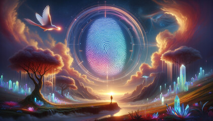 Surreal biometric authentication: Tranquil landscape with glowing fingerprint.