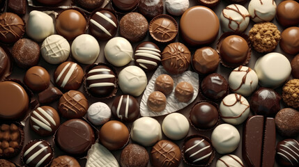 Assortment of chocolate candies, white, dark, and milk chocolate candies