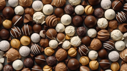 Assortment of chocolate candies, white, dark, and milk chocolate candies
