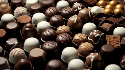 Fototapeta premium Assortment of chocolate candies, white, dark, and milk chocolate candies