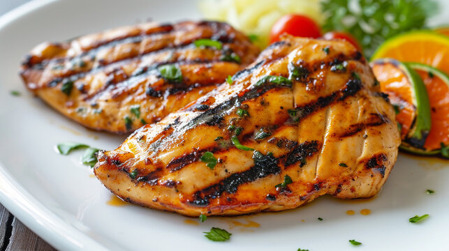 Marinated grilled healthy chicken breasts in a White Plate and served. Generative Ai