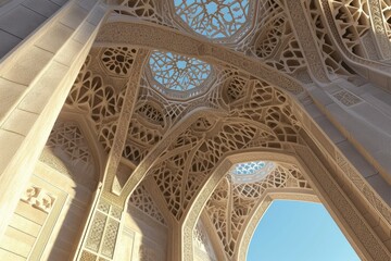 Detail of the Islamic style mosque facade. The mosque is decorated with Islamic patterns.