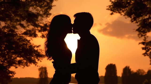 Silhouette of a couple kissing at sunset