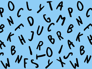 template with the image of keyboard symbols. set of letters. Surface template. pastel blue background. Horizontal image.