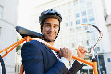 Morning, commute and portrait of businessman with bicycle for green and sustainable transportation....