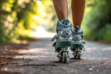 A woman’s legs with roller blades on a path