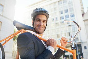 Morning, bicycle and city with portrait of businessman with commute for green and sustainable...
