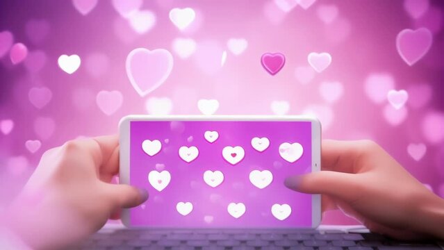 A white screen with a pink and purple text bubble filled with different heart and check mark emojis floating in the air. Below it