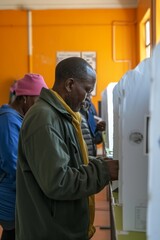Individuals casting their votes in polling booths at a voting station
