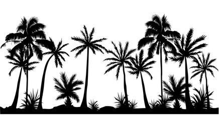 Palm tree black silhouettes seamless border. Monochrome hand drawn vector illustration isolated on transparent background.