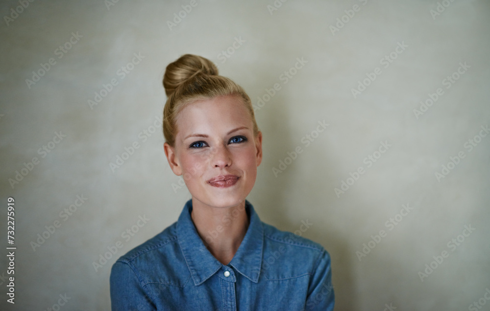 Poster Hipster woman, portrait and studio with denim, style and fashion for streetwear. Canadian female person, smile and space in background, shirt and casual look for trendy and apparel for mockup