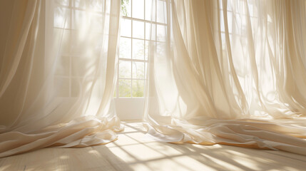 Sheer curtains rustling in the breeze through the window