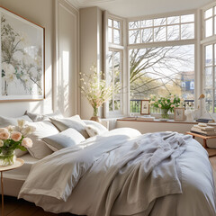 Classical bedroom and living room 3d render,The rooms have wooden floors and gray walls ,decorate with white and gold furniture,There are large window looking out to the nature view 0021
