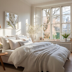 Classical bedroom and living room 3d render,The rooms have wooden floors and gray walls ,decorate with white and gold furniture,There are large window looking out to the nature view 0012