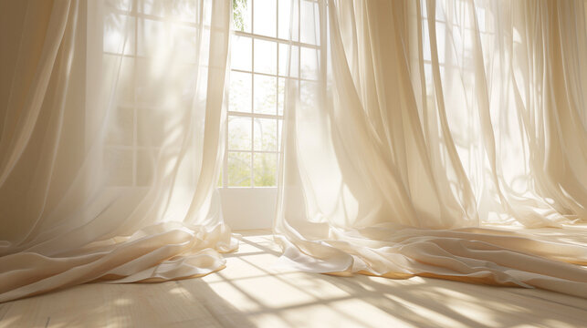 Sheer curtains rustling in the breeze through the window