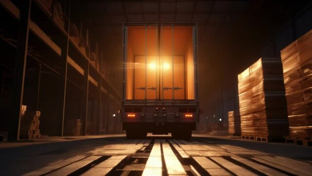 At the end of a long day a brilliantly lit delivery truck pulls up to a warehouse long wooden pallets pushing out from its open doors. d