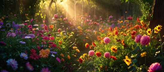 Obraz premium The sunlight filters through the foliage of trees in a meadow filled with vibrant flowers, creating a picturesque natural landscape.