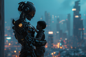 Cyborg taking care of a small kid, futuristic city in the background at blue hour. Ai generated - obrazy, fototapety, plakaty
