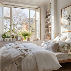 Classical bedroom and living room 3d render,The rooms have wooden floors and gray walls ,decorate with white and gold furniture,There are large window looking out to the nature view 03