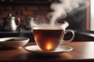 cup of hot tea on the table - obrazy, fototapety, plakaty