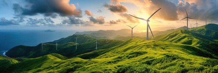 Situated above verdant hills are wind turbines.Generative Ai. - obrazy, fototapety, plakaty