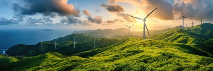 Fotobehang Situated above verdant hills are wind turbines.Generative Ai. © Planum