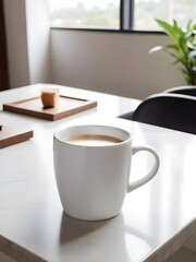 A white coffee mug is placed on the table.